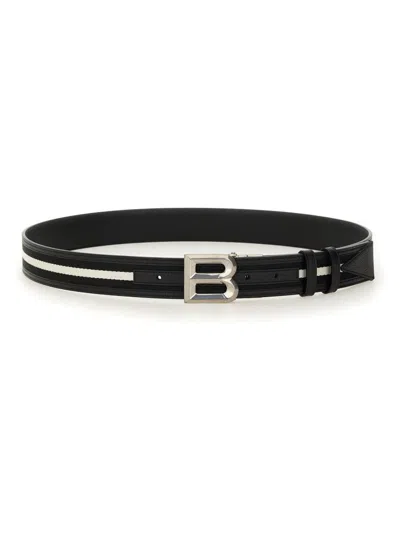 Bally Black Leather Belt With Parallel White Stripes