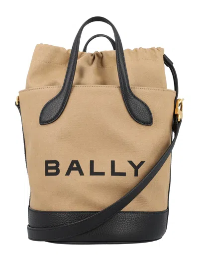 Bally Bar 8 Hours Organic Cotton Bucket Bag In Sand/black+gold