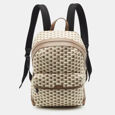 Pre-owned Bally Beige/white Printed Coated Canvas And Leather Backpack In Sand
