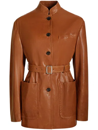 Bally Belted Leather Jacket In Brown
