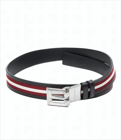 Bally Black Leather Belt With Striped Fabric Inlay