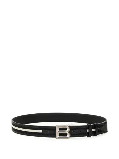 Bally Black Leather Belt With Parallel White Stripes