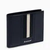 BALLY BLUE LEATHER MEN'S BILLFOLD WALLET WITH METAL LETTERING LOGO AND ICONIC STRIPE