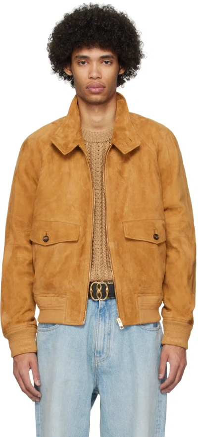 Bally Brown Spread Collar Leather Jacket In Deserto 22