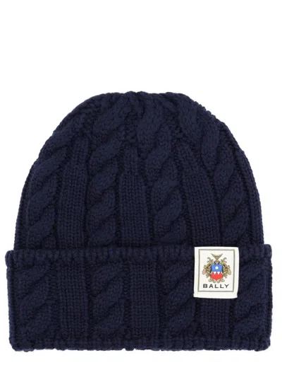 Bally Cable Knit Merino Wool Hat In Blue