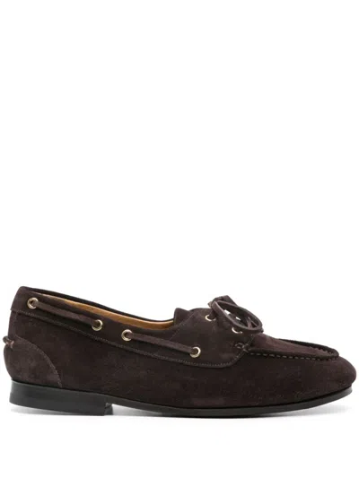 Bally Cedar Brown Leather Moccasins With Panelled Design And Lace-up Detail In Black