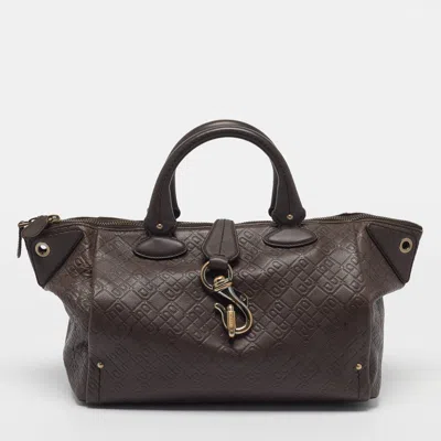 Pre-owned Bally Clasp Dark Brown Monogram Embossed Leather Satchel