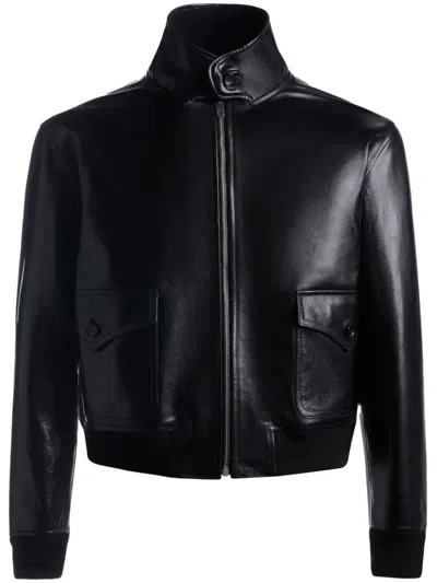 Bally Cropped Leather Jacket In Black