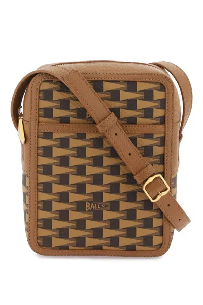 BALLY CROSSBODY BAG // BROWN COATED CANVAS AND LEATHER // ADJUSTABLE SHOULDER STRAP