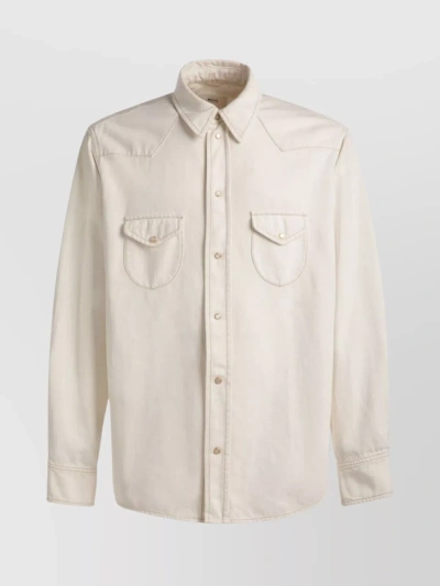 Bally Curved Hem Shirt With Buttoned Cuffs And Flap Pockets In Beige