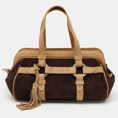 Pre-owned Bally Dark Brown/beige Suede Tassel Frame Satchel