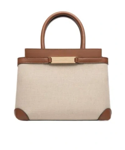 Bally Deco Small Tote Bag In Beige Canvas And Brown Leather In Sand