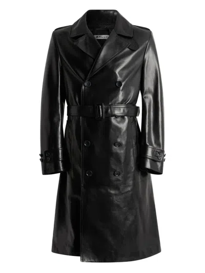 Bally Double-breasted Belted Leather Coat In Black