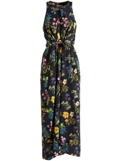 Bally Floral-print Silk Midi Dress In Black
