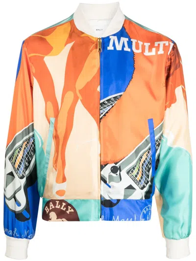 Bally Silk Printed Bomber Jacket In Multicolour In Orange