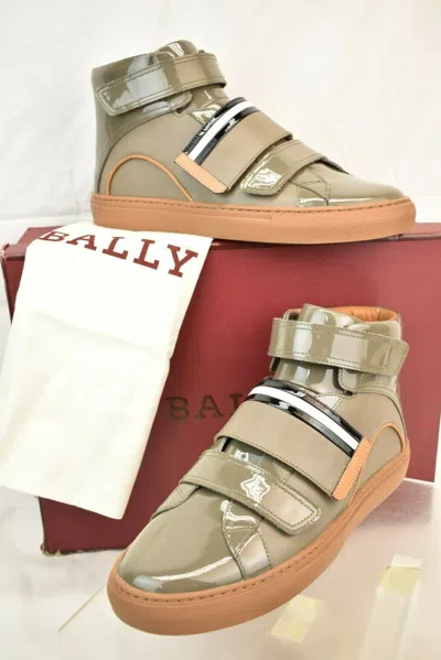 Pre-owned Bally Herick Snuff Patent Leather Hi Top Stripe Logo Sneakers 8.5 Us 41.5 In Gray