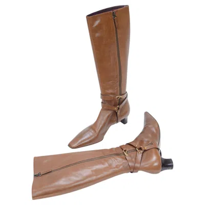 Pre-owned Bally Knee-high Tan Leather Boots With Brass Buckle-embellished Ankle Straps In Brown