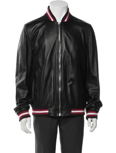 Pre-owned Bally Lamb Leather Striped Bomber Jacket In Black