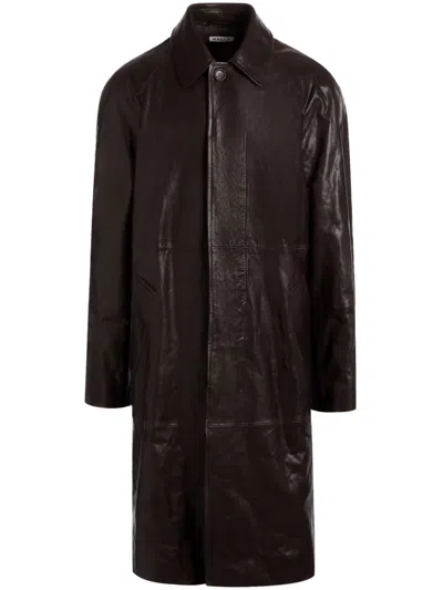 Bally Leather Midi Coat In Brown
