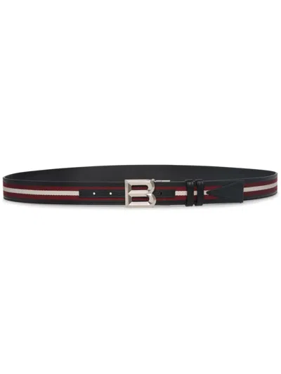BALLY LOGO-BUCKLE STRIPED LEATHER BELT