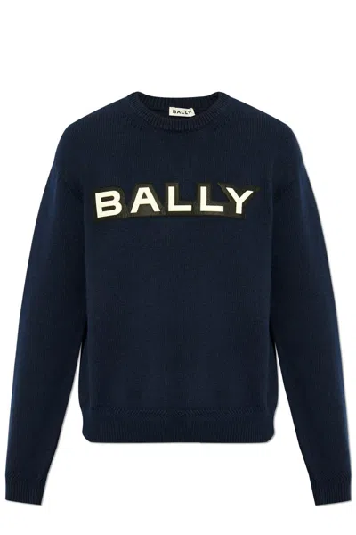 Bally Logo Patch Crewneck Knitted Jumper In Blue