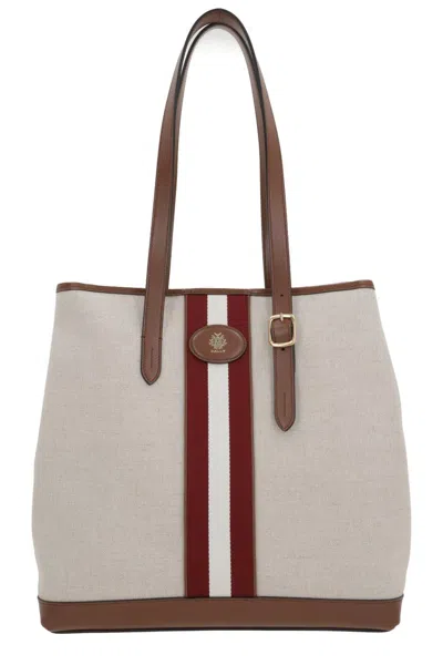 Bally Logo Patch Striped Top Handle Bag In Neutrals