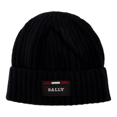 Bally Men's Blue Ribbed Logo Wool Beanie 6240326 In Black