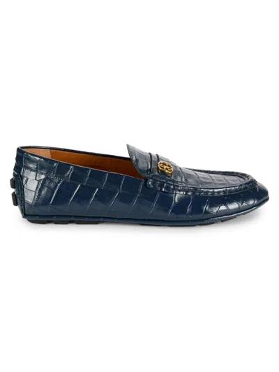 Bally Men's Keeper Croc Embossed Leather Driving Loafers In Blue