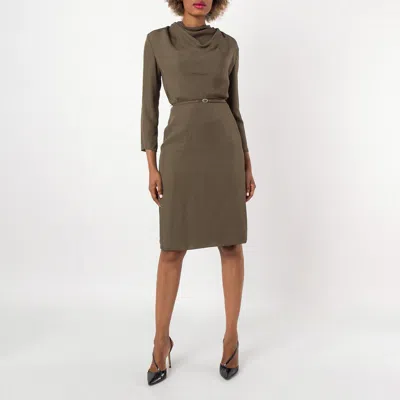 BALLY BALLY MILITARY GREEN COWL-NECK BELTED MIDI DRESS