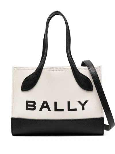 Bally Mini Cotton Tote Bag With Color-block Design And Logo Print For Women In White