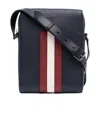 Bally Navy Blue Striped Detail Litchi Striped Satchel In Black