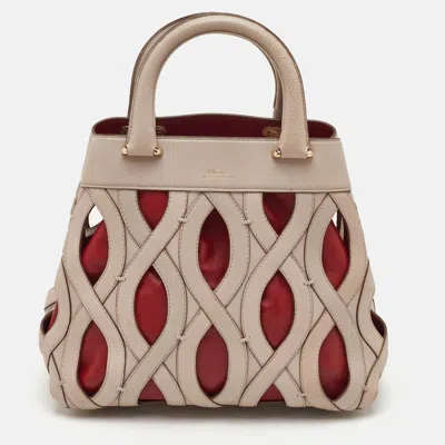 Pre-owned Bally Papillon Beige/dark Red Leather Cut-out Tote In Sand