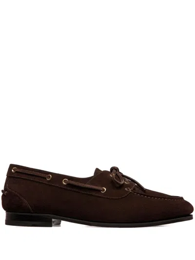 Bally Cedar Brown Leather Moccasins With Panelled Design And Lace-up Detail In Animal Print