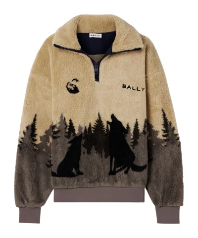 Bally Printed Fleece Half-zip Jacket In Brown