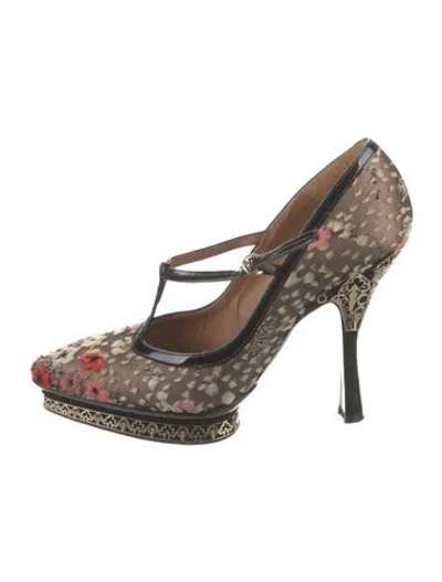 Pre-owned Bally Printed Mesh Accents T-strap Pumps In Black