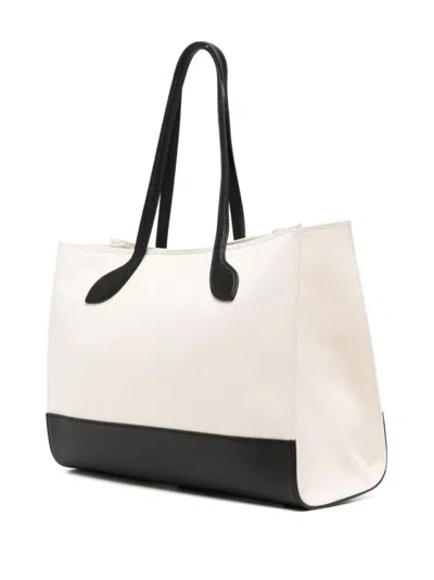 Bally Rectangular Beige Canvas Tote Bag With Black Leather Accents In White