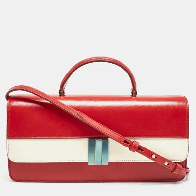 Pre-owned Bally Red/white Leather East/west Ollam Brief Top Handle Bag