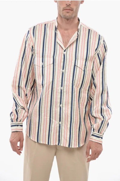 Bally Silk Striped Shirt With Band Collar In Pink