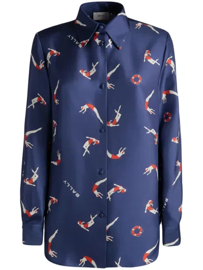 Bally Illustration-print Silk Shirt In Blau