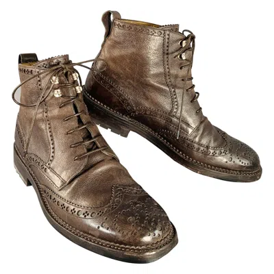 Pre-owned Bally Size 10 Avery Brown Perforated Pebble Grain Leather Wingtip Boots