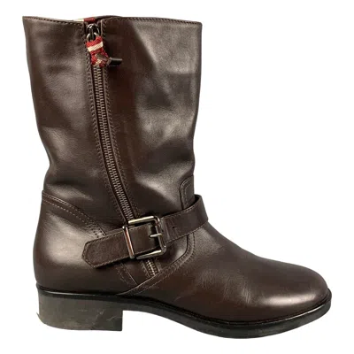 Pre-owned Bally Size 12 Brown Leather Solid Belted Women Boots