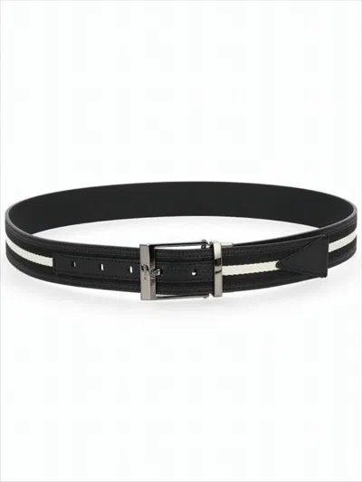 Bally Sleek Black Leather Belt With Textured Stripes