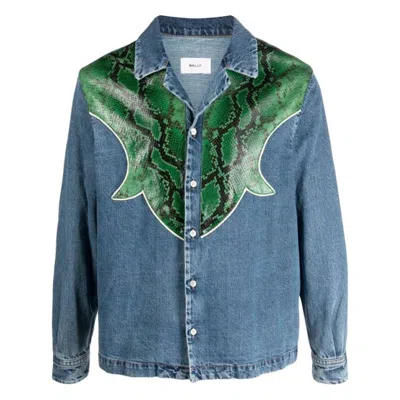 Bally Snakeskin Panelled Denim Shirt In Blue