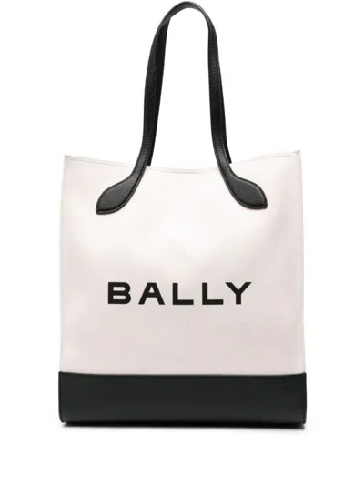Bally Spacious Beige Canvas Tote With Black Leather Accents In Multi