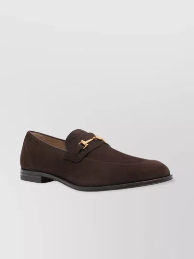 Bally Stacked Heel Suede Loafers Gold Hardware In Ebony