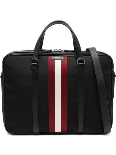 Bally Stripe Detail Leather-trimmed Briefcase In Black