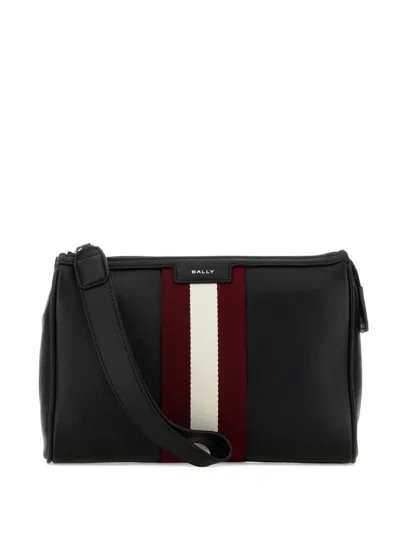 Bally Striped-detail Leather Wash Bag In Black