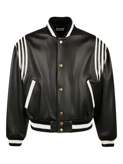 Bally Striped Leather Bomber Jacket In Black