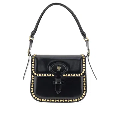 Bally Beckett Flat Medium Studded Glossed-leather Shoulder Bag In Black