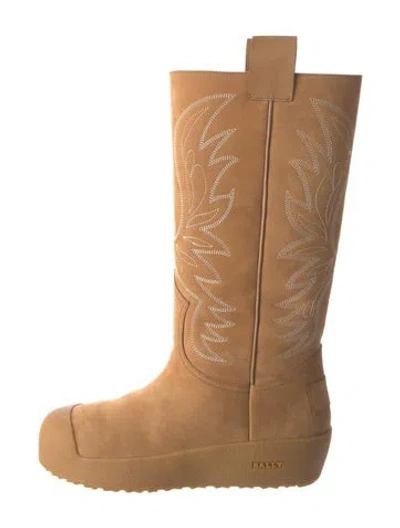 Pre-owned Bally Suede Embroidered Accent Western Boots In Brown